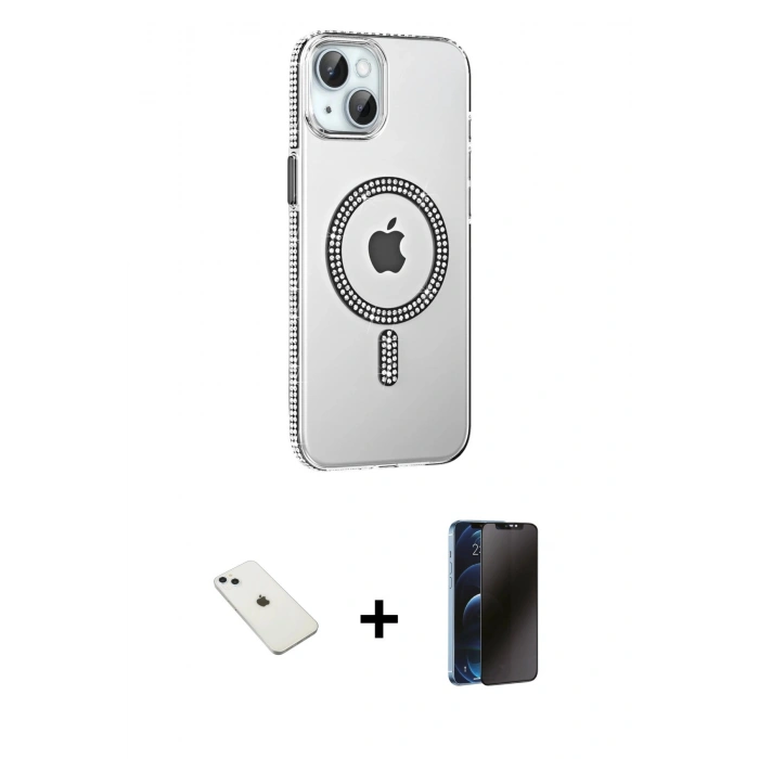 MARSİLYAN™- iPhone 14 Kılıf Yörünge Koleksiyonu - Siyah 3D Antistatik Hayalet Cam Ekran Koruyucu + Diamond Kamera Lens - SABE