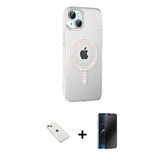 MARSİLYAN™- iPhone 14 Kılıf Yörünge Koleksiyonu - Siyah 3D Antistatik Hayalet Cam Ekran Koruyucu + Diamond Kamera Lens - PE