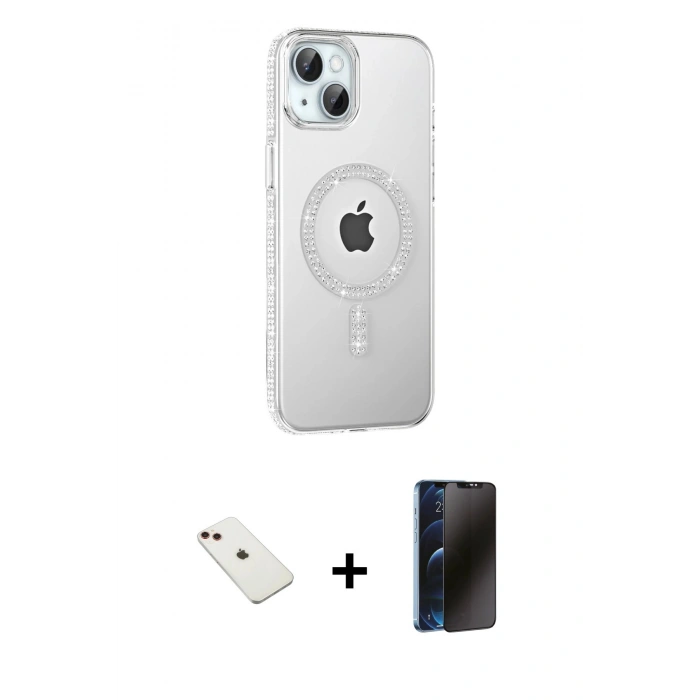 MARSİLYAN™- iPhone 14 Kılıf Yörünge Koleksiyonu - Siyah 3D Antistatik Hayalet Cam Ekran Koruyucu + Diamond Kamera Lens - KI