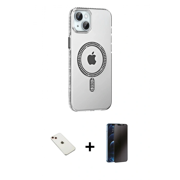 MARSİLYAN™- iPhone 14 Kılıf Yörünge Koleksiyonu - Siyah 3D Antistatik Hayalet Cam Ekran Koruyucu + Diamond Kamera Lens - KI