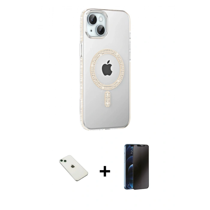 MARSİLYAN™- iPhone 14 Kılıf Yörünge Koleksiyonu - Siyah 3D Antistatik Hayalet Cam Ekran Koruyucu + Diamond Kamera Lens - YL