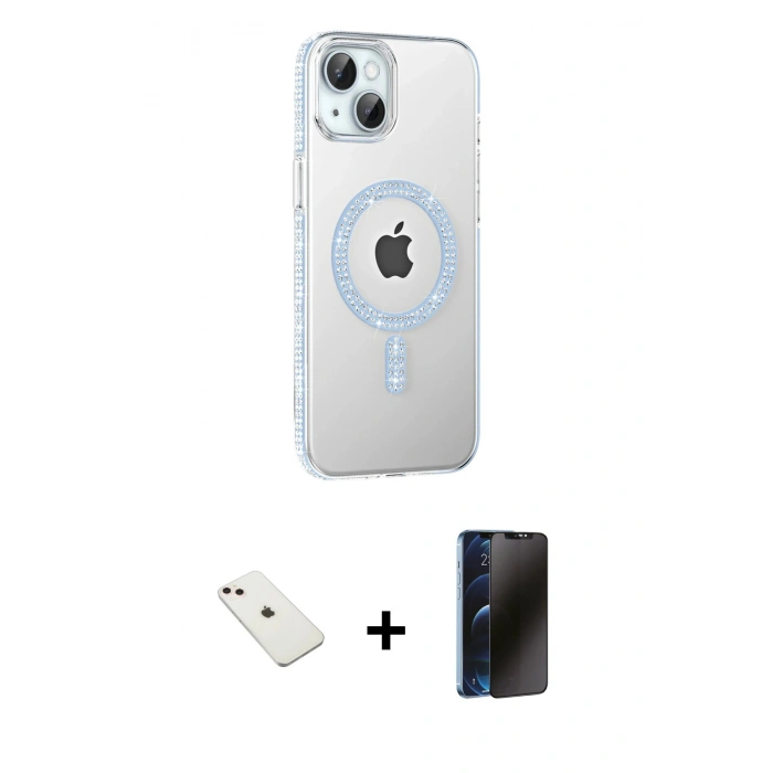 MARSİLYAN™- iPhone 14 Kılıf Yörünge Koleksiyonu - Siyah 3D Antistatik Hayalet Cam Ekran Koruyucu + Diamond Kamera Lens - PE