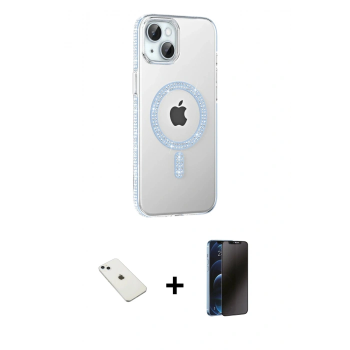 MARSİLYAN™- iPhone 14 Kılıf Yörünge Koleksiyonu - Siyah 3D Antistatik Hayalet Cam Ekran Koruyucu + Diamond Kamera Lens - SABE
