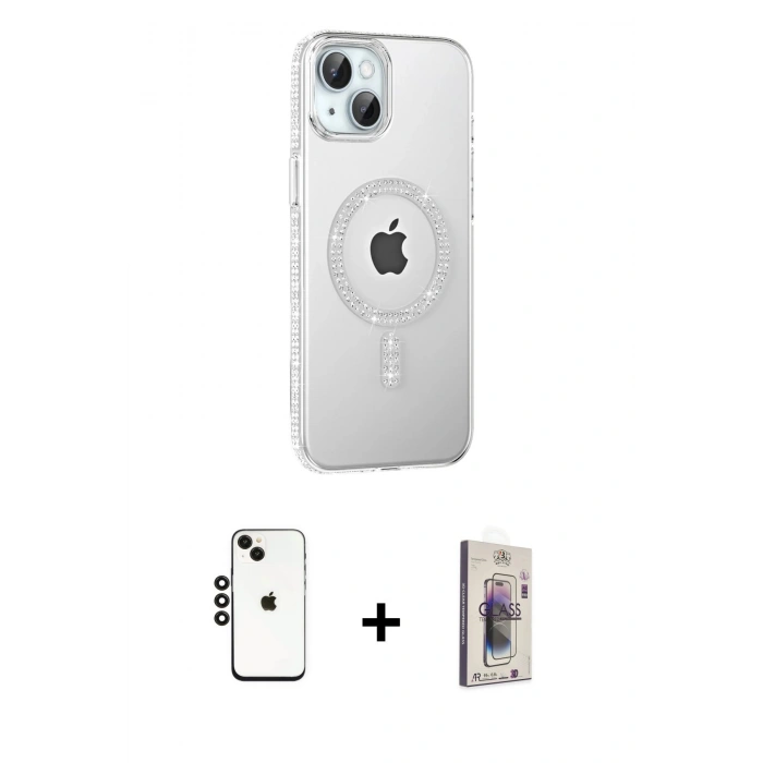 MARSİLYAN™- iPhone 14 Kılıf Yörünge Koleksiyonu - Siyah Bilvis 3D Cam Ekran Koruyucu + Shine Kamera Lens - SH