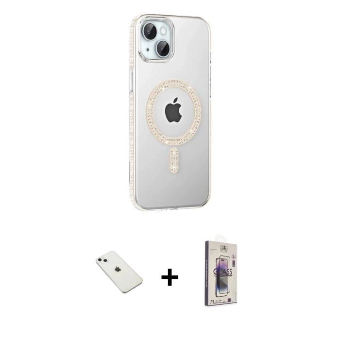 MARSİLYAN™- iPhone 14 Kılıf Yörünge Koleksiyonu - Siyah Bilvis 3D Cam Ekran Koruyucu + Diamond Kamera Lens - SABE