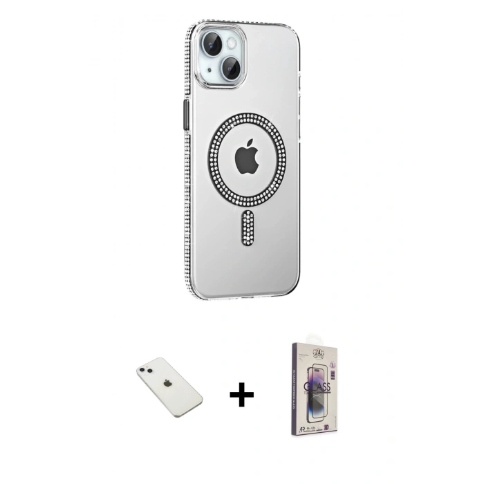 MARSİLYAN™- iPhone 14 Kılıf Yörünge Koleksiyonu - Siyah Bilvis 3D Cam Ekran Koruyucu + Diamond Kamera Lens - SABE