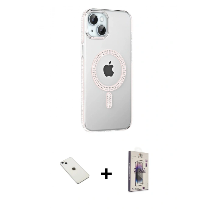 MARSİLYAN™- iPhone 14 Kılıf Yörünge Koleksiyonu - Siyah Bilvis 3D Cam Ekran Koruyucu + Diamond Kamera Lens - SABE