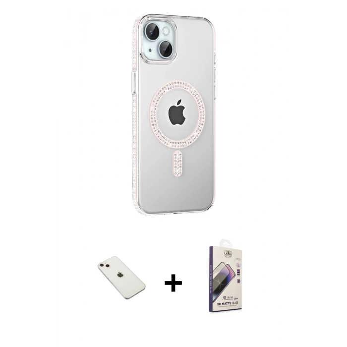 MARSİLYAN™- iPhone 14 Kılıf Yörünge Koleksiyonu - Siyah Bilvis 3D Mat Cam Ekran Koruyucu + Diamond Kamera Lens - PE
