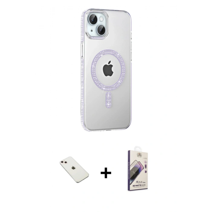 MARSİLYAN™- iPhone 14 Kılıf Yörünge Koleksiyonu - Siyah Bilvis 3D Mat Cam Ekran Koruyucu + Diamond Kamera Lens - PE