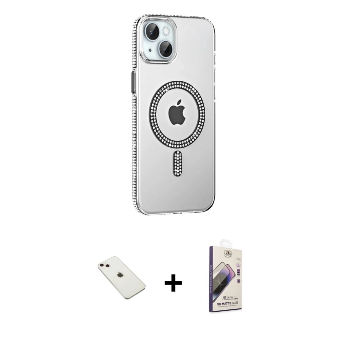 MARSİLYAN™- iPhone 14 Kılıf Yörünge Koleksiyonu - Siyah Bilvis 3D Mat Cam Ekran Koruyucu + Diamond Kamera Lens - PE