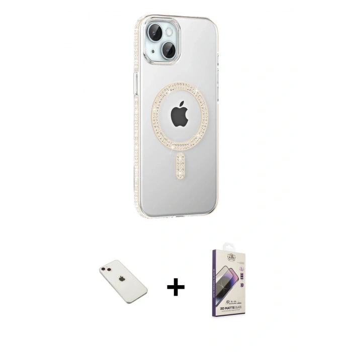 MARSİLYAN™- iPhone 14 Kılıf Yörünge Koleksiyonu - Siyah Bilvis 3D Mat Cam Ekran Koruyucu + Diamond Kamera Lens - PE