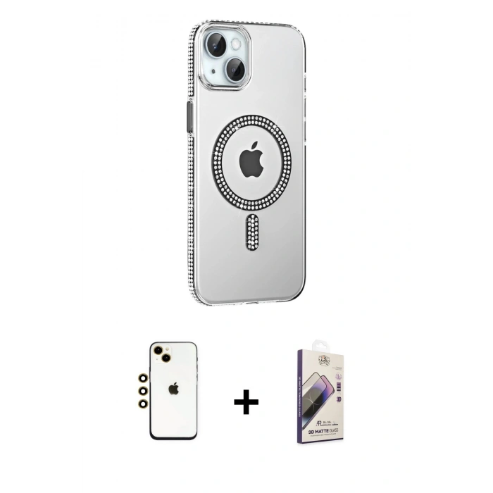 MARSİLYAN™- iPhone 14 Kılıf Yörünge Koleksiyonu - Siyah Bilvis 3D Mat Cam Ekran Koruyucu + Shine Kamera Lens - GD