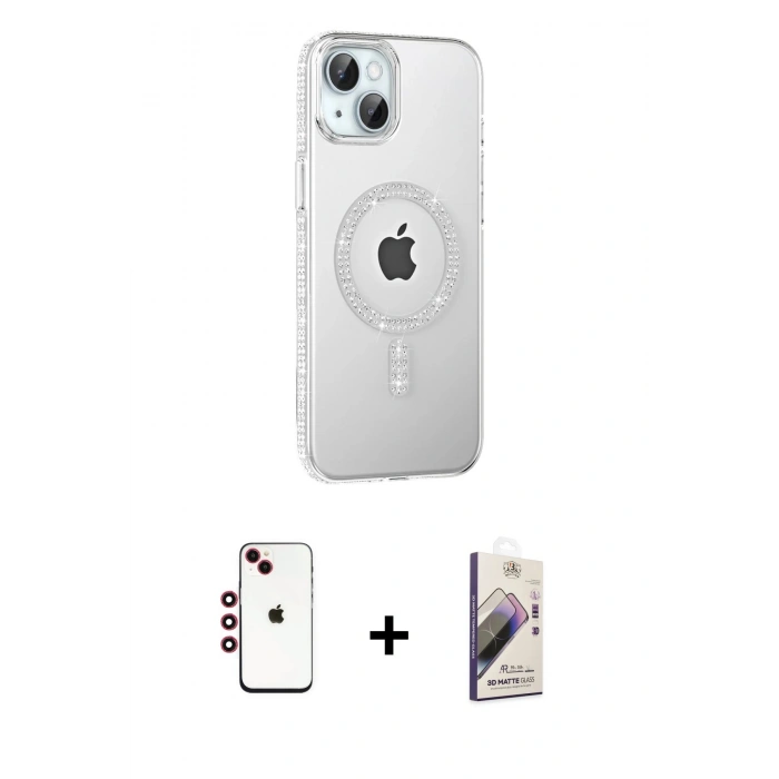 MARSİLYAN™- iPhone 14 Kılıf Yörünge Koleksiyonu - Siyah Bilvis 3D Mat Cam Ekran Koruyucu + Shine Kamera Lens - KI