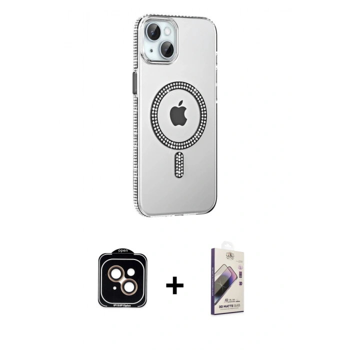 MARSİLYAN™- iPhone 14 Kılıf Yörünge Koleksiyonu - Siyah Bilvis 3D Mat Cam Ekran Koruyucu + PVD Metal Kamera Lens - TU