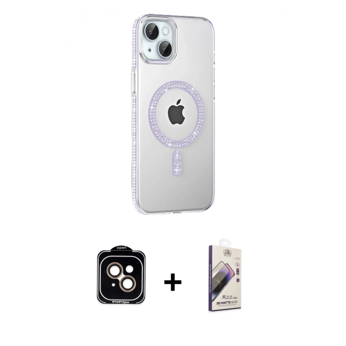 MARSİLYAN™- iPhone 14 Kılıf Yörünge Koleksiyonu - Siyah Bilvis 3D Mat Cam Ekran Koruyucu + PVD Metal Kamera Lens - TU