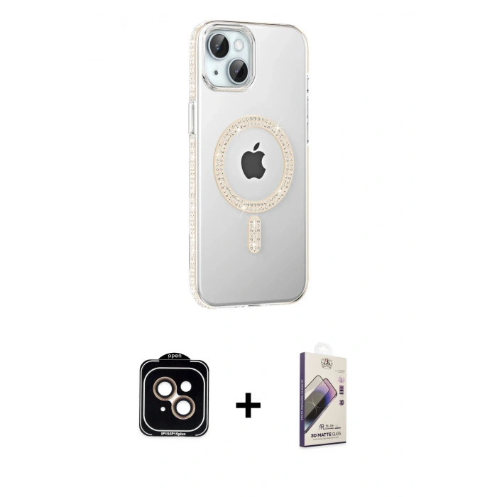 MARSİLYAN™- iPhone 14 Kılıf Yörünge Koleksiyonu - Siyah Bilvis 3D Mat Cam Ekran Koruyucu + PVD Metal Kamera Lens - TU