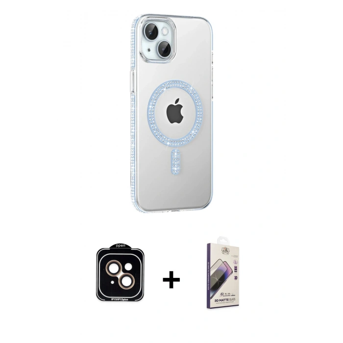 MARSİLYAN™- iPhone 14 Kılıf Yörünge Koleksiyonu - Siyah Bilvis 3D Mat Cam Ekran Koruyucu + PVD Metal Kamera Lens - TU