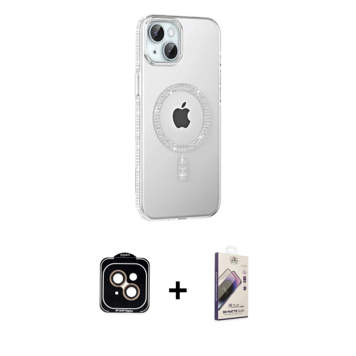 MARSİLYAN™- iPhone 14 Kılıf Yörünge Koleksiyonu - Siyah Bilvis 3D Mat Cam Ekran Koruyucu + PVD Metal Kamera Lens - TU
