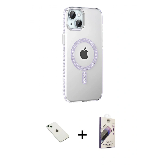MARSİLYAN™- iPhone 14 Kılıf Yörünge Koleksiyonu - Siyah Bilvis 3D Mat Cam Ekran Koruyucu + Diamond Kamera Lens - YL