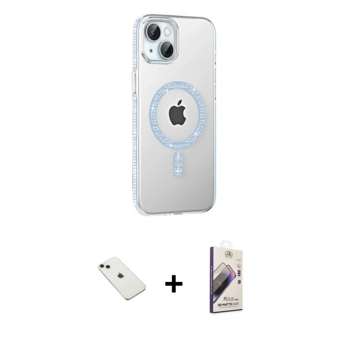 MARSİLYAN™- iPhone 14 Kılıf Yörünge Koleksiyonu - Siyah Bilvis 3D Mat Cam Ekran Koruyucu + Diamond Kamera Lens - YL
