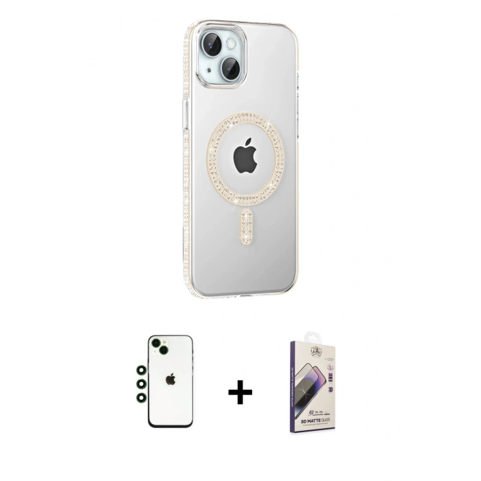 MARSİLYAN™- iPhone 14 Kılıf Yörünge Koleksiyonu - Siyah Bilvis 3D Mat Cam Ekran Koruyucu + Shine Kamera Lens - YL