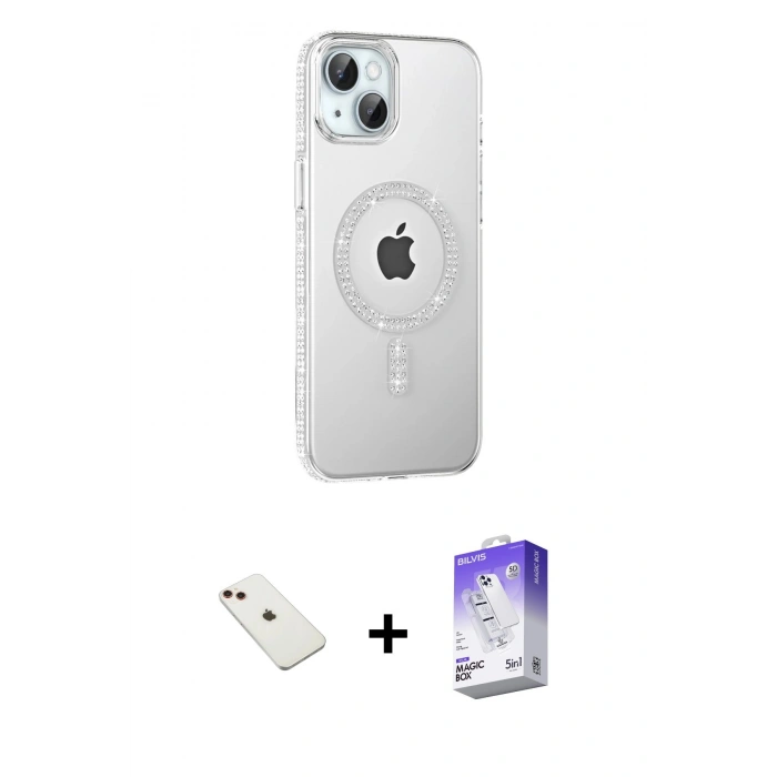 MARSİLYAN™- iPhone 14 Kılıf Yörünge Koleksiyonu - Siyah Bilvis 5in1 3D Magic Cam Ekran Koruyucu + Diamond Kamera Lens - KI
