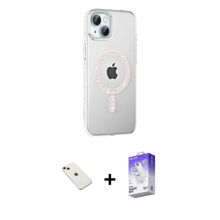 MARSİLYAN™- iPhone 14 Kılıf Yörünge Koleksiyonu - Siyah Bilvis 5in1 3D Magic Cam Ekran Koruyucu + Diamond Kamera Lens - KI