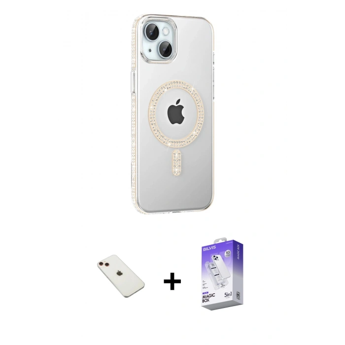 MARSİLYAN™- iPhone 14 Kılıf Yörünge Koleksiyonu - Siyah Bilvis 5in1 3D Magic Cam Ekran Koruyucu + Diamond Kamera Lens - KI