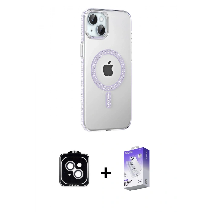 MARSİLYAN™- iPhone 14 Kılıf Yörünge Koleksiyonu - Siyah Bilvis 5in1 3D Magic Cam Ekran Koruyucu + PVD Metal Kamera Lens - GS
