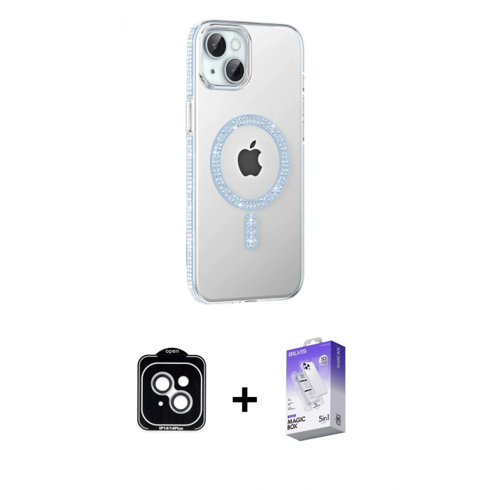 MARSİLYAN™- iPhone 14 Kılıf Yörünge Koleksiyonu - Siyah Bilvis 5in1 3D Magic Cam Ekran Koruyucu + PVD Metal Kamera Lens - GS