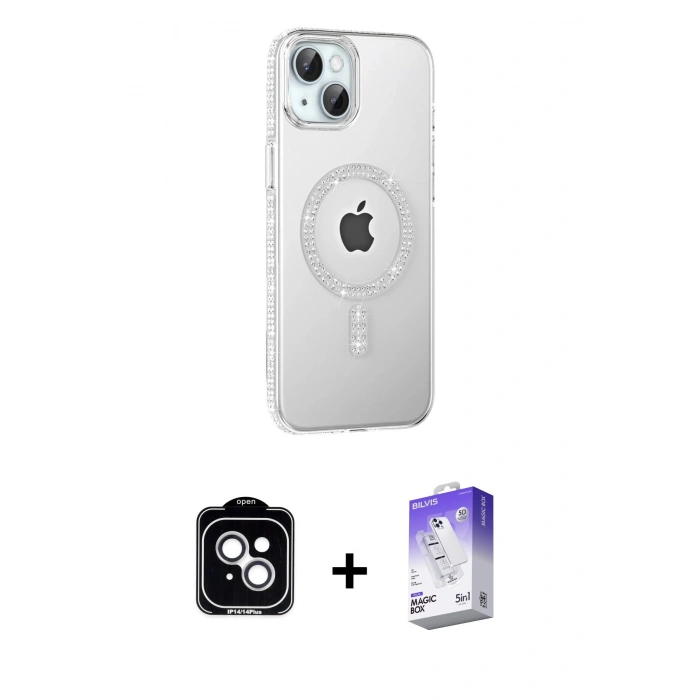 MARSİLYAN™- iPhone 14 Kılıf Yörünge Koleksiyonu - Siyah Bilvis 5in1 3D Magic Cam Ekran Koruyucu + PVD Metal Kamera Lens - GS