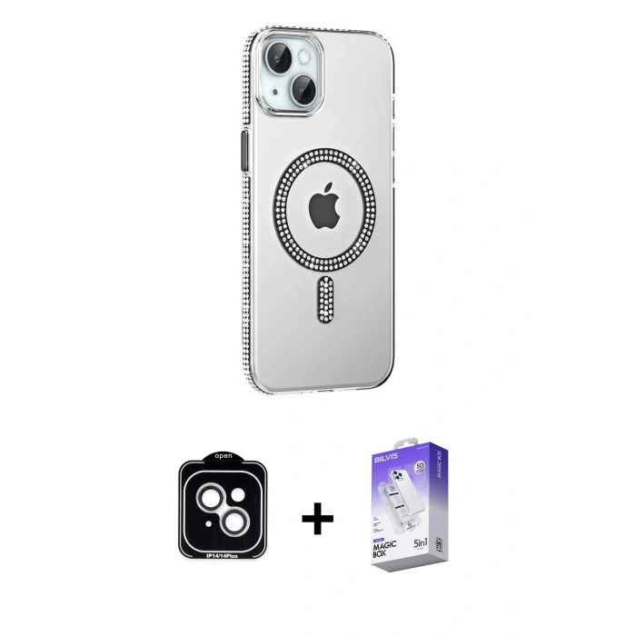MARSİLYAN™- iPhone 14 Kılıf Yörünge Koleksiyonu - Siyah Bilvis 5in1 3D Magic Cam Ekran Koruyucu + PVD Metal Kamera Lens - GS