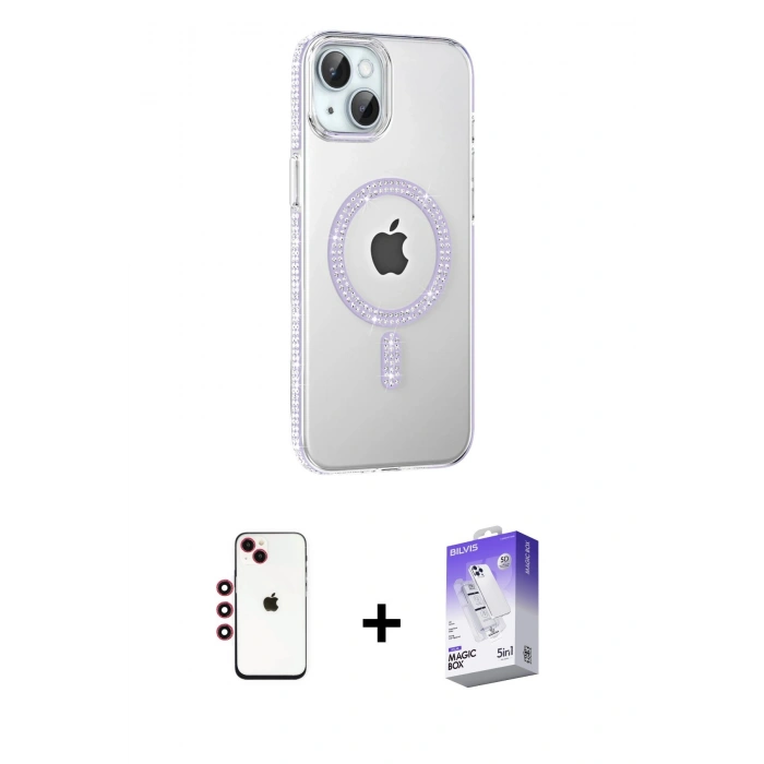 MARSİLYAN™- iPhone 14 Kılıf Yörünge Koleksiyonu - Siyah Bilvis 5in1 3D Magic Cam Ekran Koruyucu + Shine Kamera Lens - KI