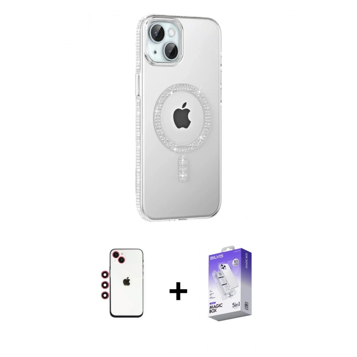 MARSİLYAN™- iPhone 14 Kılıf Yörünge Koleksiyonu - Siyah Bilvis 5in1 3D Magic Cam Ekran Koruyucu + Shine Kamera Lens - KI