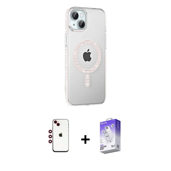 MARSİLYAN™- iPhone 14 Kılıf Yörünge Koleksiyonu - Siyah Bilvis 5in1 3D Magic Cam Ekran Koruyucu + Shine Kamera Lens - KI