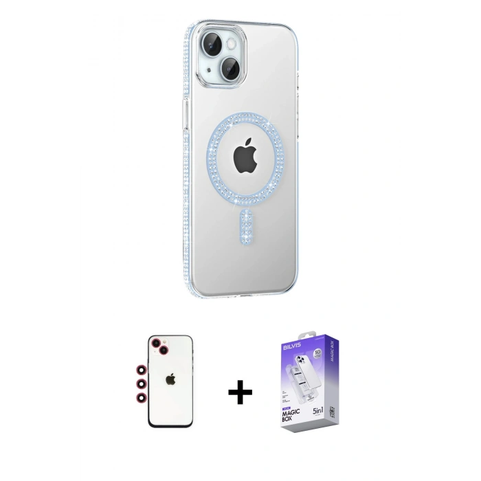 MARSİLYAN™- iPhone 14 Kılıf Yörünge Koleksiyonu - Siyah Bilvis 5in1 3D Magic Cam Ekran Koruyucu + Shine Kamera Lens - KI