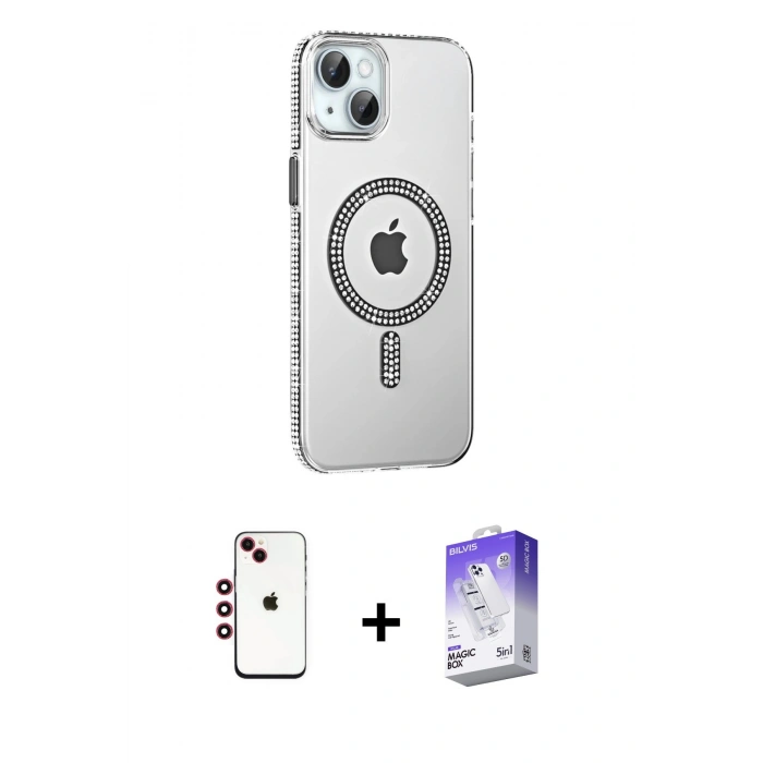 MARSİLYAN™- iPhone 14 Kılıf Yörünge Koleksiyonu - Siyah Bilvis 5in1 3D Magic Cam Ekran Koruyucu + Shine Kamera Lens - KI
