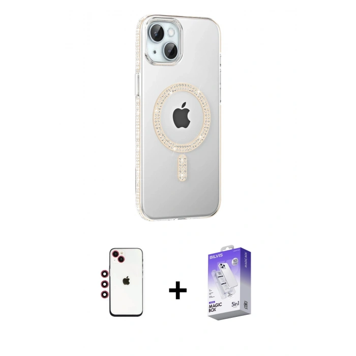 MARSİLYAN™- iPhone 14 Kılıf Yörünge Koleksiyonu - Siyah Bilvis 5in1 3D Magic Cam Ekran Koruyucu + Shine Kamera Lens - KI