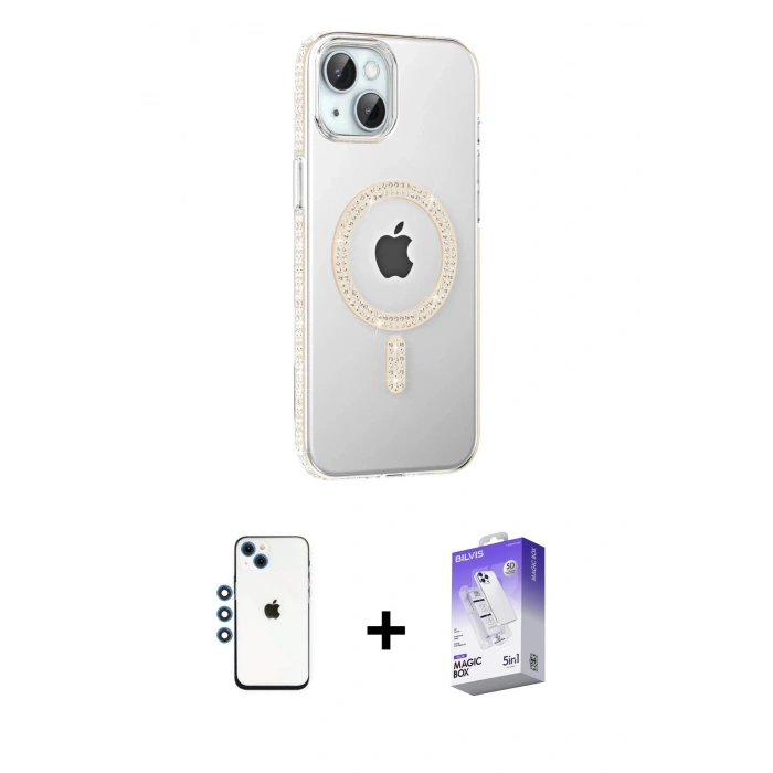 MARSİLYAN™- iPhone 14 Kılıf Yörünge Koleksiyonu - Siyah Bilvis 5in1 3D Magic Cam Ekran Koruyucu + Shine Kamera Lens - MI