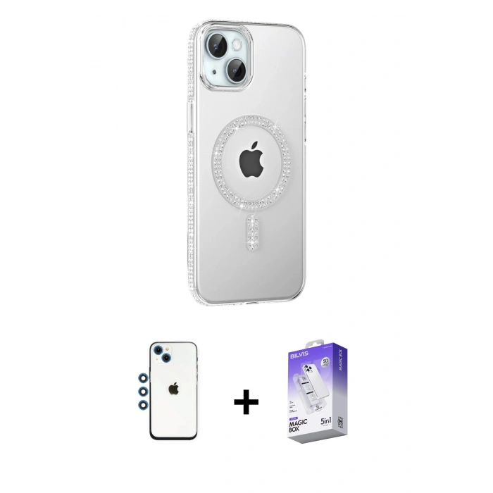 MARSİLYAN™- iPhone 14 Kılıf Yörünge Koleksiyonu - Siyah Bilvis 5in1 3D Magic Cam Ekran Koruyucu + Shine Kamera Lens - MI