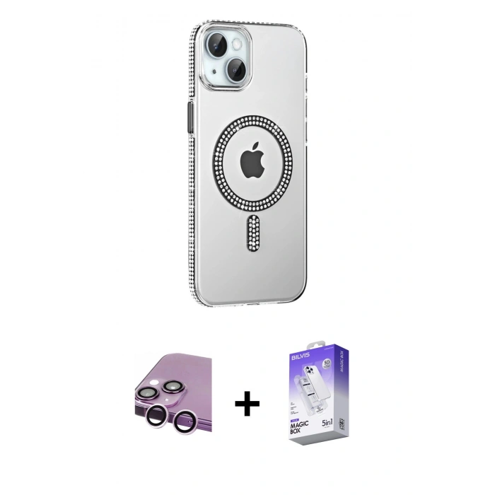 MARSİLYAN™- iPhone 14 Kılıf Yörünge Koleksiyonu - Siyah Bilvis 5in1 3D Magic Cam Ekran Koruyucu + Mor Raze Metal Kamera Lens