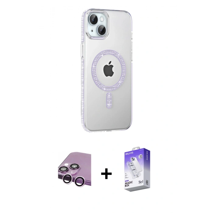 MARSİLYAN™- iPhone 14 Kılıf Yörünge Koleksiyonu - Siyah Bilvis 5in1 3D Magic Cam Ekran Koruyucu + Mor Raze Metal Kamera Lens