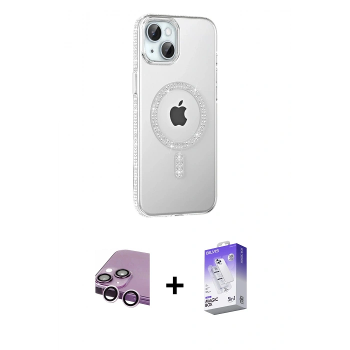 MARSİLYAN™- iPhone 14 Kılıf Yörünge Koleksiyonu - Siyah Bilvis 5in1 3D Magic Cam Ekran Koruyucu + Mor Raze Metal Kamera Lens
