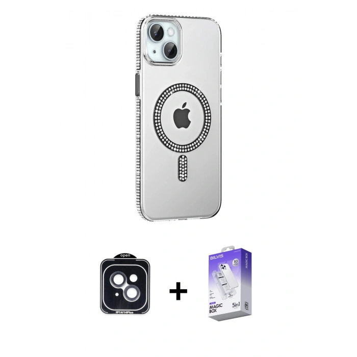 MARSİLYAN™- iPhone 14 Kılıf Yörünge Koleksiyonu - Siyah Bilvis 5in1 3D Magic Cam Ekran Koruyucu + PVD Metal Kamera Lens - SH