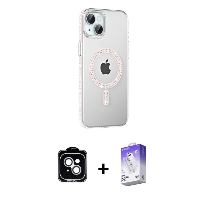 MARSİLYAN™- iPhone 14 Kılıf Yörünge Koleksiyonu - Siyah Bilvis 5in1 3D Magic Cam Ekran Koruyucu + PVD Metal Kamera Lens - GS