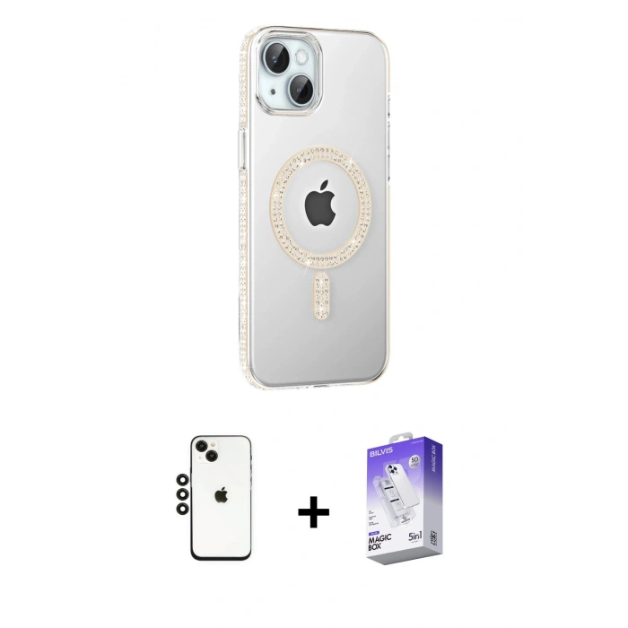 MARSİLYAN™- iPhone 14 Kılıf Yörünge Koleksiyonu - Siyah Bilvis 5in1 3D Magic Cam Ekran Koruyucu + Shine Kamera Lens - SH