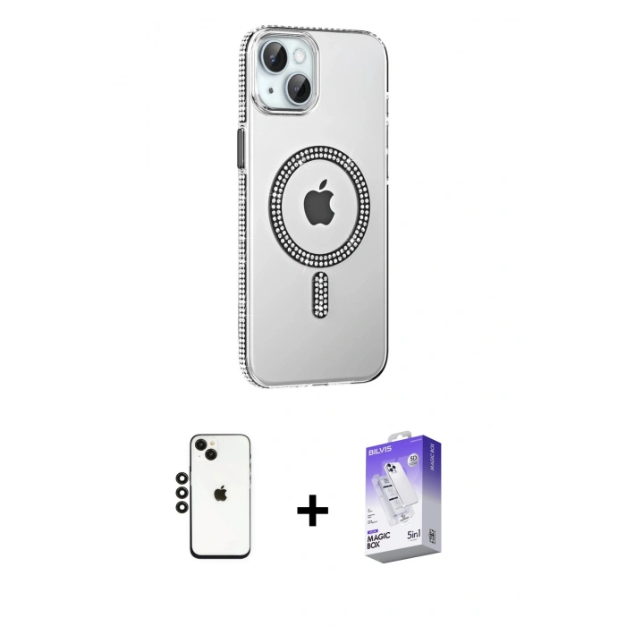 MARSİLYAN™- iPhone 14 Kılıf Yörünge Koleksiyonu - Siyah Bilvis 5in1 3D Magic Cam Ekran Koruyucu + Shine Kamera Lens - SH