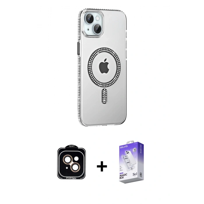 MARSİLYAN™- iPhone 14 Kılıf Yörünge Koleksiyonu - Siyah Bilvis 5in1 3D Magic Cam Ekran Koruyucu + PVD Metal Kamera Lens - TU
