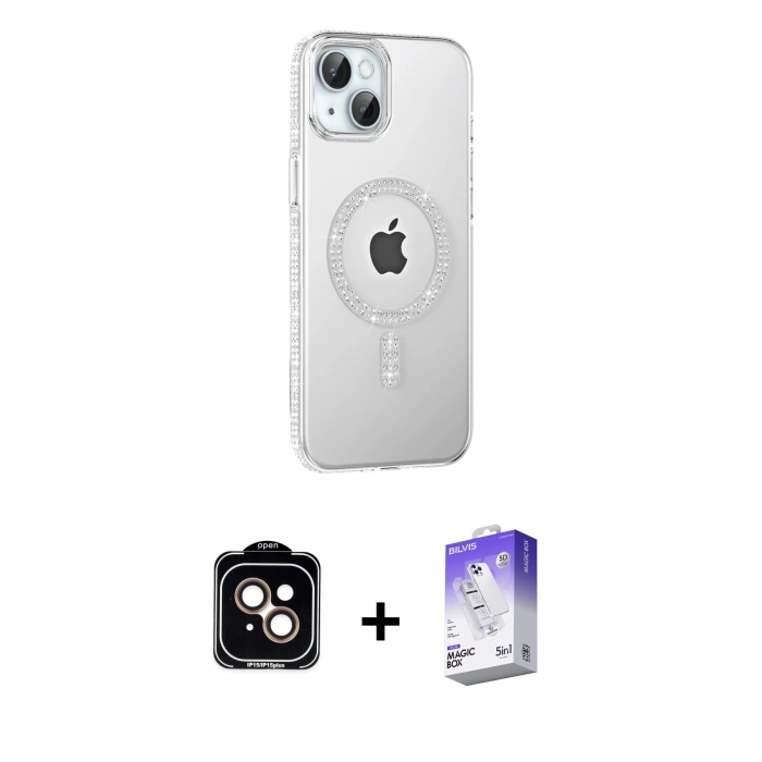 MARSİLYAN™- iPhone 14 Kılıf Yörünge Koleksiyonu - Siyah Bilvis 5in1 3D Magic Cam Ekran Koruyucu + PVD Metal Kamera Lens - TU