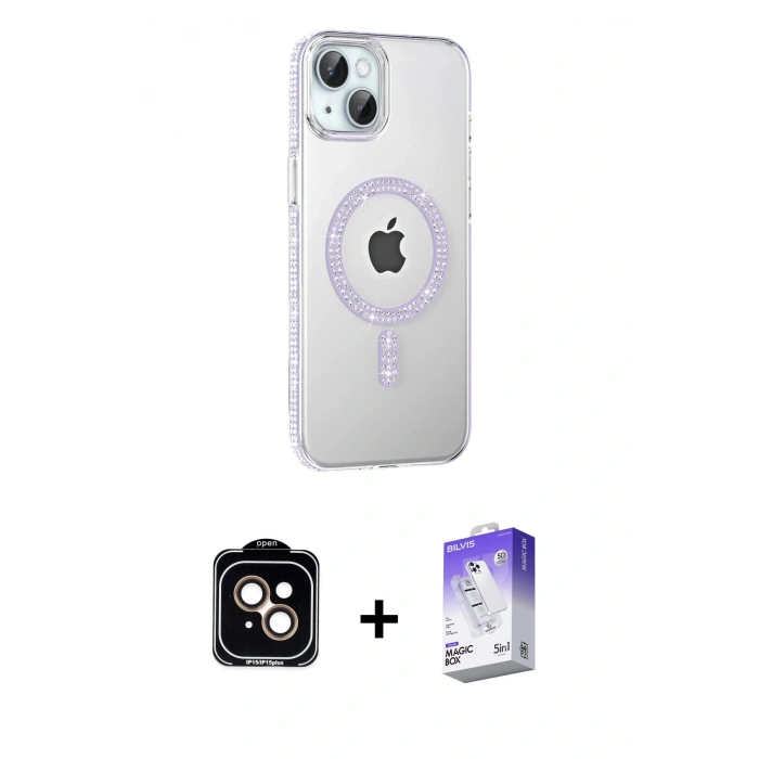 MARSİLYAN™- iPhone 14 Kılıf Yörünge Koleksiyonu - Siyah Bilvis 5in1 3D Magic Cam Ekran Koruyucu + PVD Metal Kamera Lens - TU